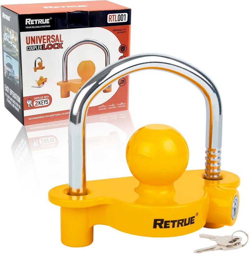 RETRUE Universal Coupler Lock Trailer Locks Ball Hitch Trailer Hitch Lock Adjustable Security Heavy-Duty Steel Fits 1-7/8 Inch, 2 Inch, 2-5/16 Inch Couplers Yellow - Image 1